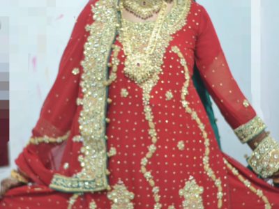Red Bridal Dress (Sharara) with matching Jewelry, Purse and Sandal