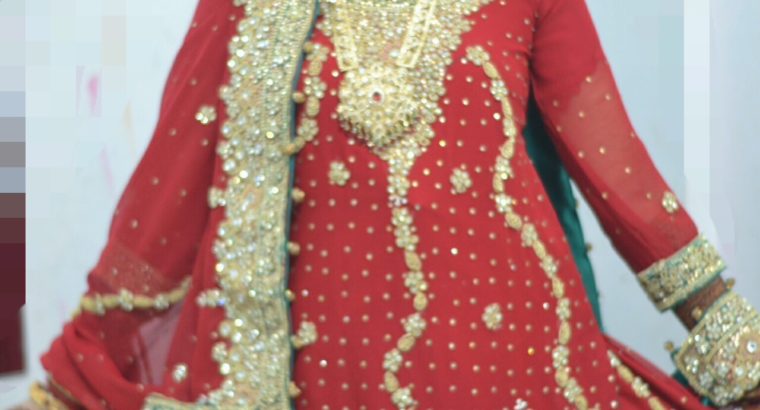 Red Bridal Dress (Sharara) with matching Jewelry, Purse and Sandal