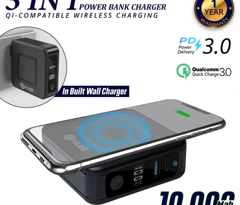 3 in 1 Wireless Charger + 10,000 mAh QC PD Fast Charging Power Bank + Wall