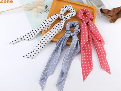 Fashion Dot Print Bow Satin Long Ribbon Ponytail Scarf Hair Tie Scrunchies