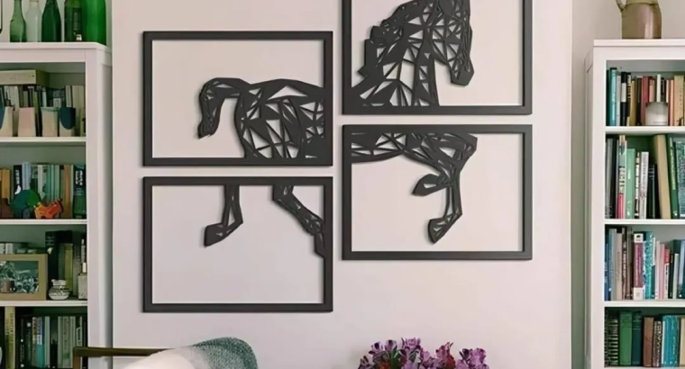 4-Piece Abstract Horse Wall Art Set Black MDF