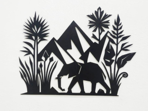 Forest Wall Art Wooden Decor Black Mountain Elephant