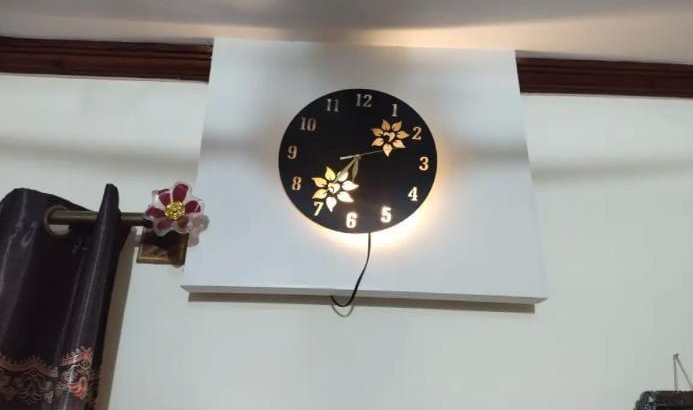 Flower Wooden Wall Clock with LED Light Black Gold 12