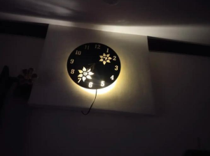 Flower Wooden Wall Clock with LED Light Black Gold 12