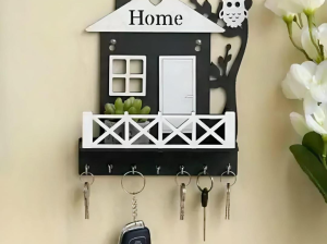 Black Owl House Key Holder with Plant Balcony