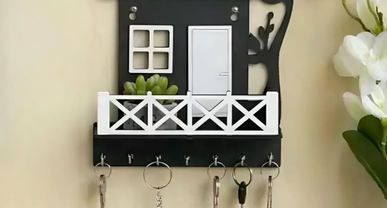 Black Owl House Key Holder with Plant Balcony