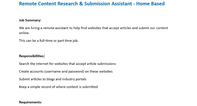 Remote Content Research & Submission Assistant – Home Based