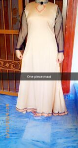 Elegant Skin Color Silk Maxi Gown with Black Net Sleeves