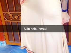 Elegant Skin Color Silk Maxi Gown with Black Net Sleeves
