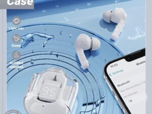 Stylish Grey Bluetooth Earbuds with clear case
