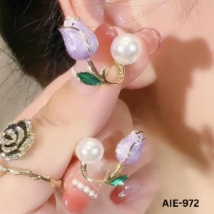 Flower Pearl Earrings Pink Green Leaf