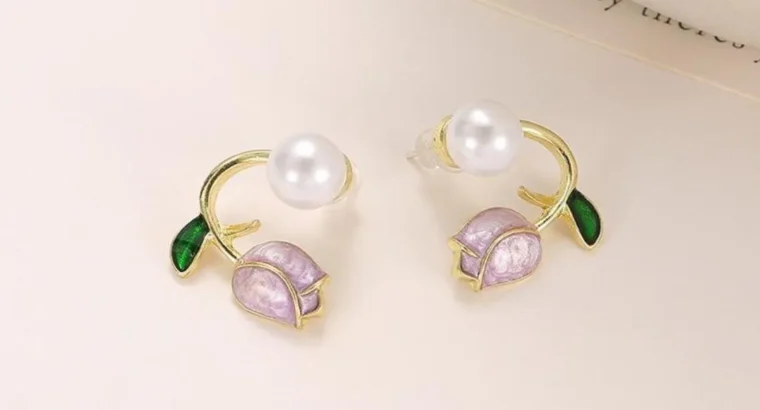 Flower Pearl Earrings Pink Green Leaf