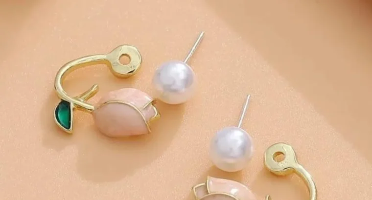 Flower Pearl Earrings Pink Green Leaf