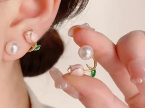 Flower Pearl Earrings Pink Green Leaf