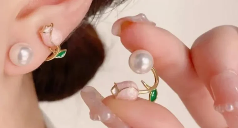 Flower Pearl Earrings Pink Green Leaf