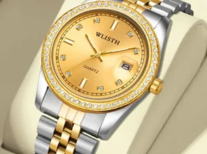 Men’s Gold Steel Band Quartz Watch with Date Display