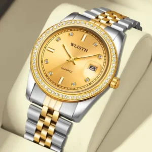 Men’s Gold Steel Band Quartz Watch with Date Display