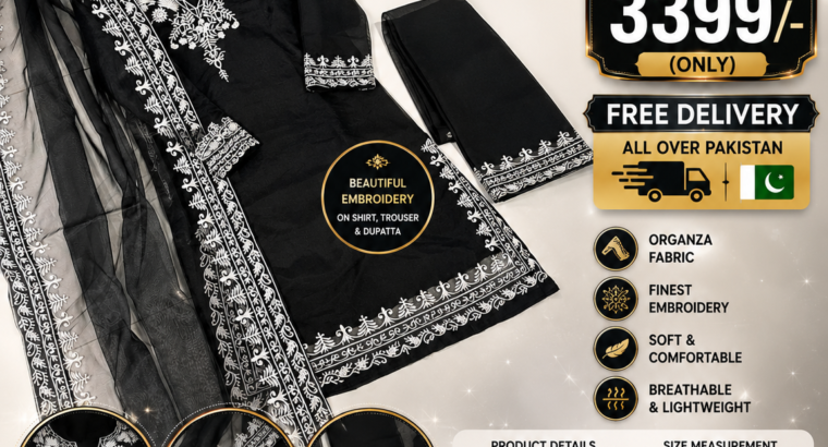 Black Embroidered 3 Piece Suit For Women