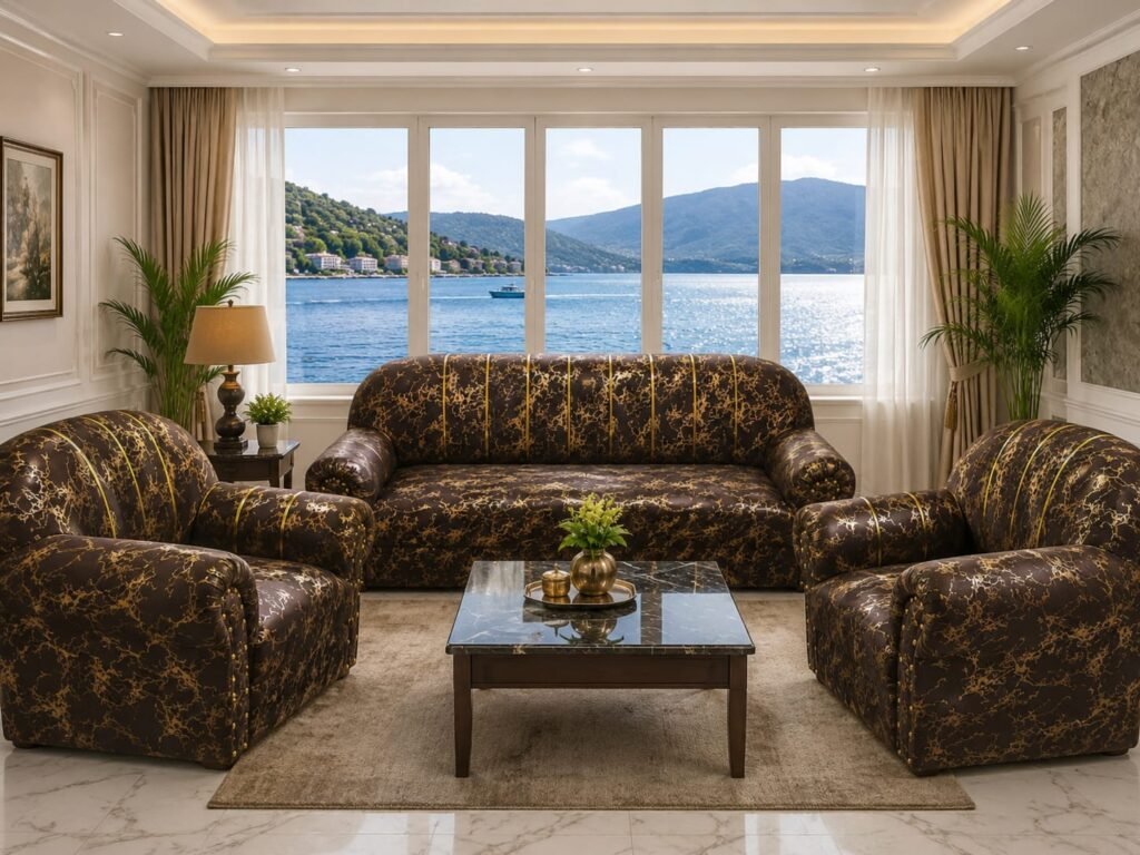 Seater Luxury Sofa Set | Brown and Gold Designer | Excellent Condition - photo 1