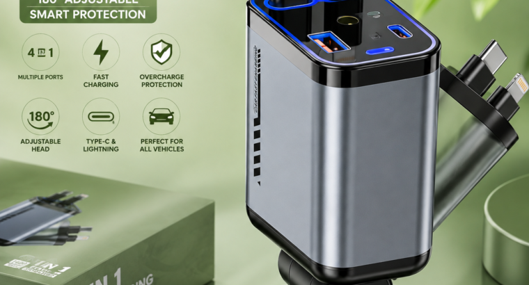 🚗 4 In 1 Fast Charging Car Charger | 180° Adjustable | USB + Type-C | Smart Protection