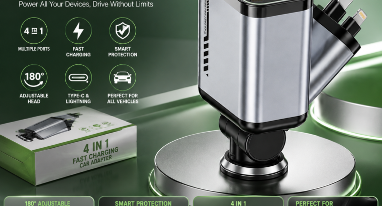 🚗 4 In 1 Fast Charging Car Charger | 180° Adjustable | USB + Type-C | Smart Protection