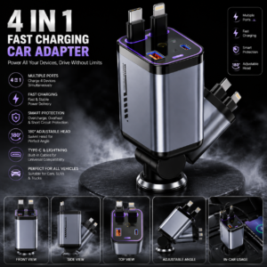 🚗 4 In 1 Fast Charging Car Charger | 180° Adjustable | USB + Type-C | Smart Protection