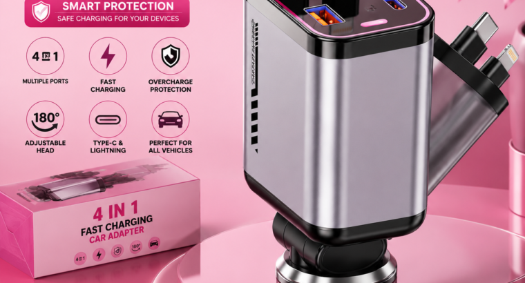 🚗 4 In 1 Fast Charging Car Charger | 180° Adjustable | USB + Type-C | Smart Protection