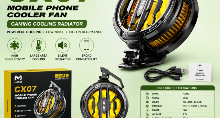MEMO CX07 Magnetic Mobile Phone Cooler Fan | 15W Gaming Cooling Radiator | Magnetic + Back Clip | PUBG Gaming Cooler | Yellow