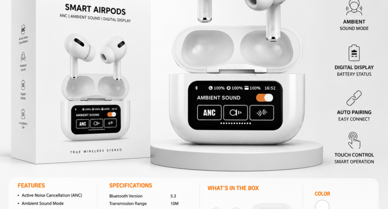 🎧 Premium Smart AirPods – ANC + Ambient Sound...