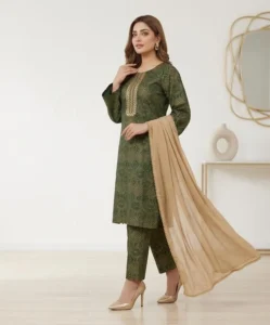 Green Arbic Lawn 3Pcs Block Printed set