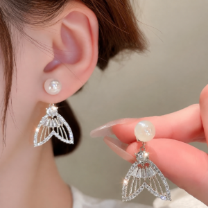 Fish Tail Pearl Zircon Earrings Gold Plated