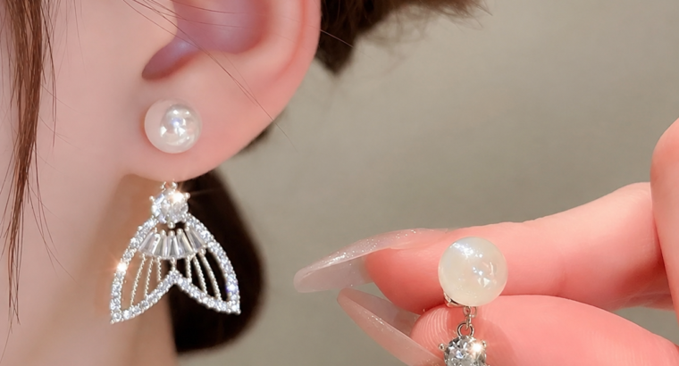 Fish Tail Pearl Zircon Earrings Gold Plated