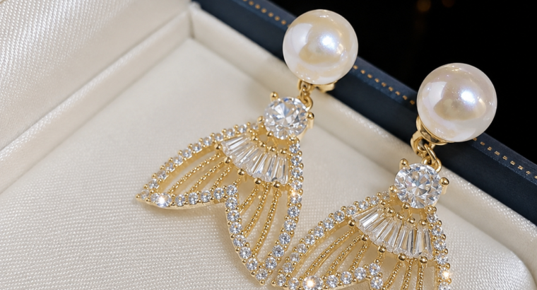 Fish Tail Pearl Zircon Earrings Gold Plated