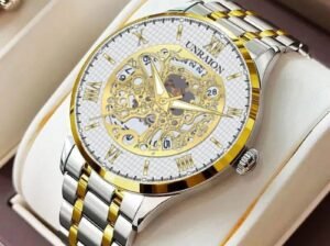 Unraion Skeleton Watch Stainless Steel Gold Accents