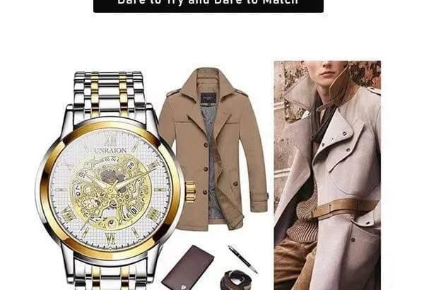 Unraion Skeleton Watch Stainless Steel Gold Accents