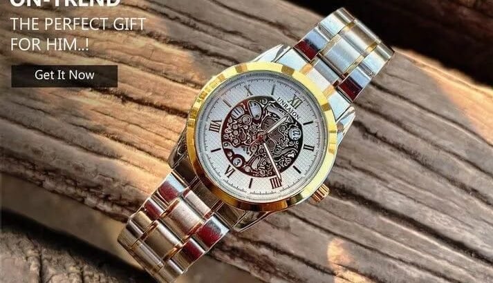 Unraion Skeleton Watch Stainless Steel Gold Accents