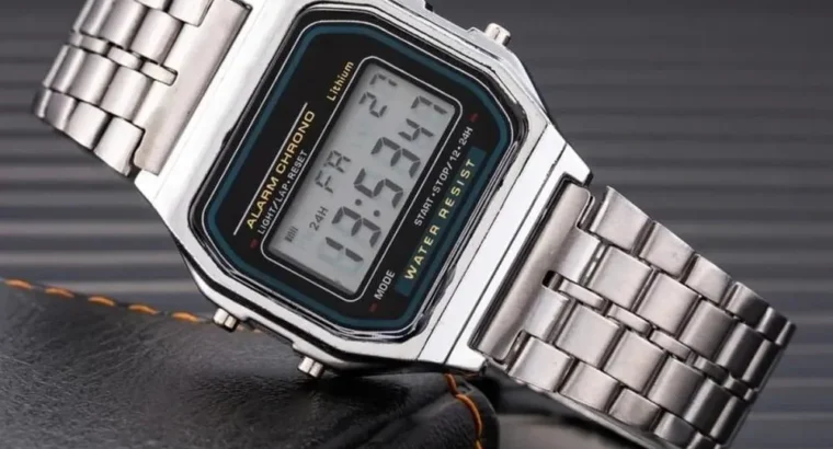 Stainless Steel Digital Watch for Men Silver Water Resistant