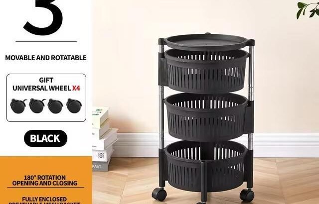 Black 3 Lier Rotating Fruit Basket with 4 Wheels