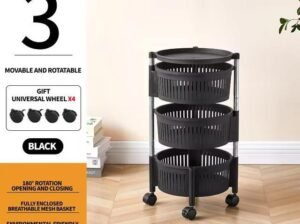 Black 3 Lier Rotating Fruit Basket with 4 Wheels