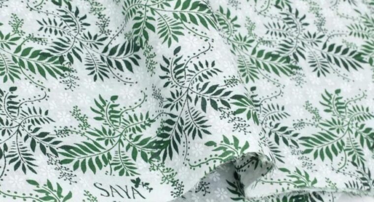 Green White Leaf Printed Lawn Fabric 2 Pc