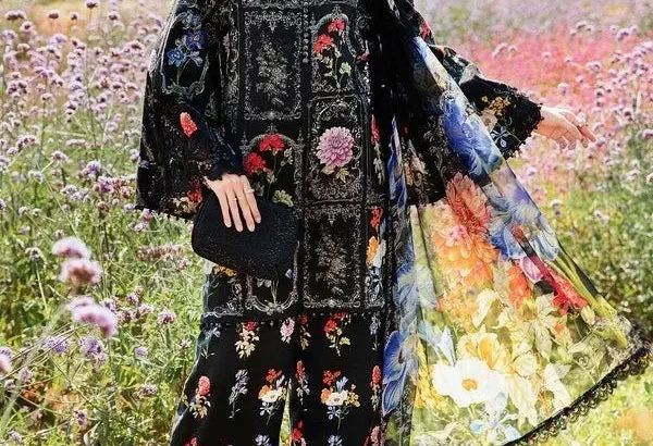Pakistani Embroidered Black Kurta Set wi...