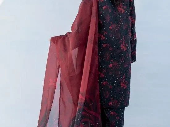 Baroque Lawn 3 Pcs Embroidered Red Black Suit Set