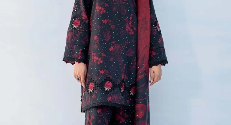 Baroque Lawn 3 Pcs Embroidered Red Black Suit Set