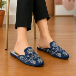 Elegant Floral Embroidered Backless Loafers- 071 – Blue