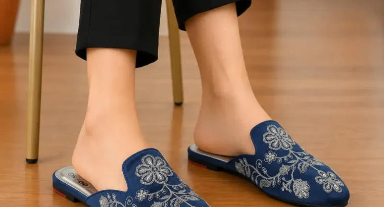 Elegant Floral Embroidered Backless Loafers- 071 – Blue
