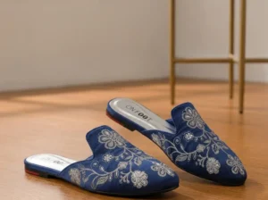 Elegant Floral Embroidered Backless Loafers- 071 – Blue