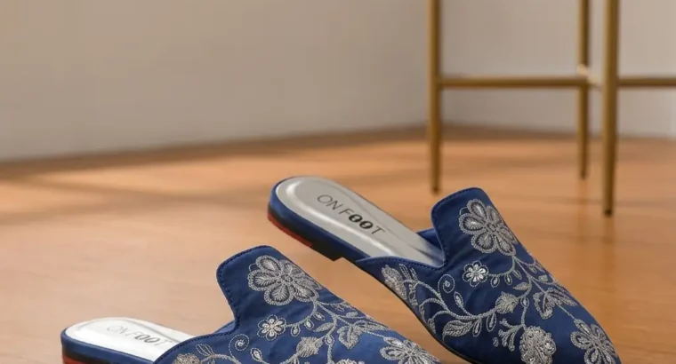 Elegant Floral Embroidered Backless Loafers- 071 – Blue