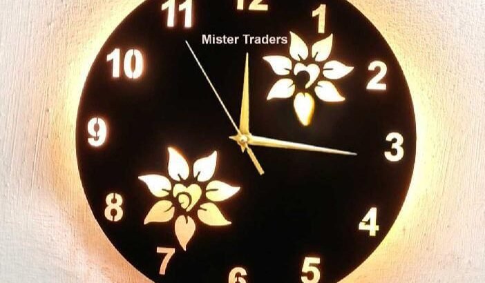 flower wooden clock with LED light black gold 12