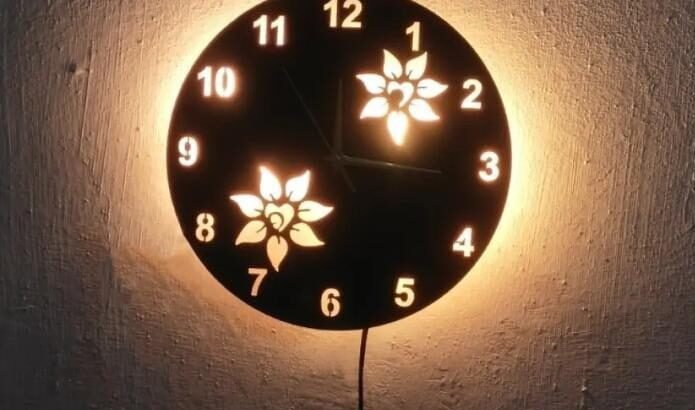 flower wooden clock with LED light black gold 12