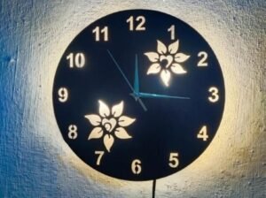 flower wooden clock with LED light black gold 12